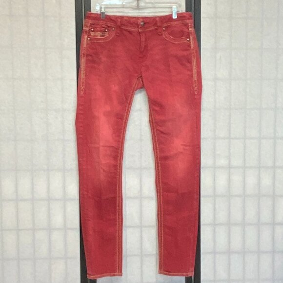 Rock Revival Mid Rise Ashley Skinny Button Flap Pockets Faded Denim Jeans Red 32